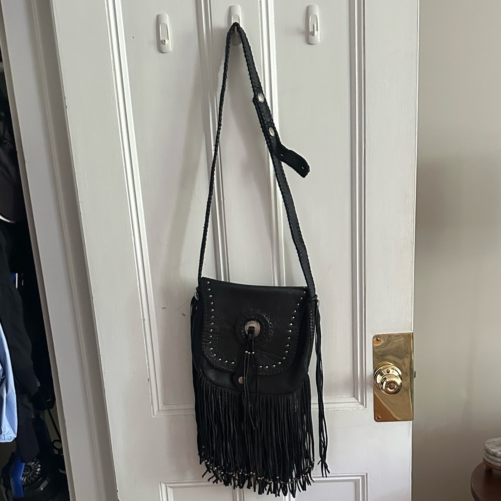 Western Black Fringe Leather Crossbody Bag